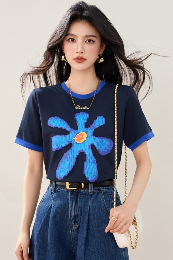 Flocking printing T-shirt slim flowers tops for women